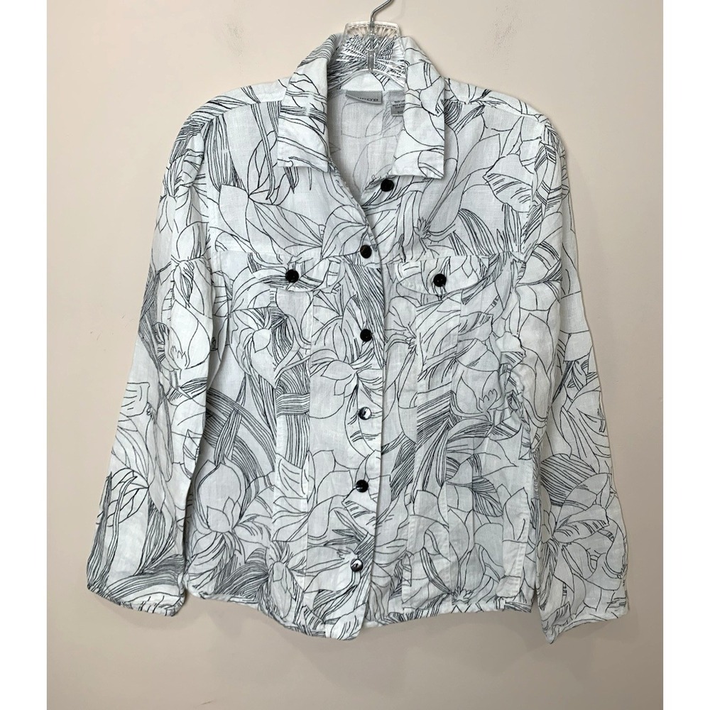 Chico's Linen Shirt Jacket Womens Small White Black Floral Outline Boxy
